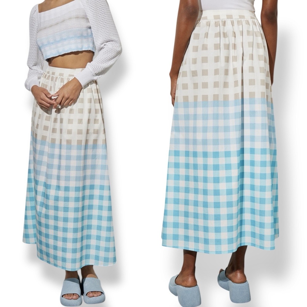 NEW Ming Wang Gingham Plaid Maxi Skirt Size XS Fit Small Blue Poplin‎ Picnic